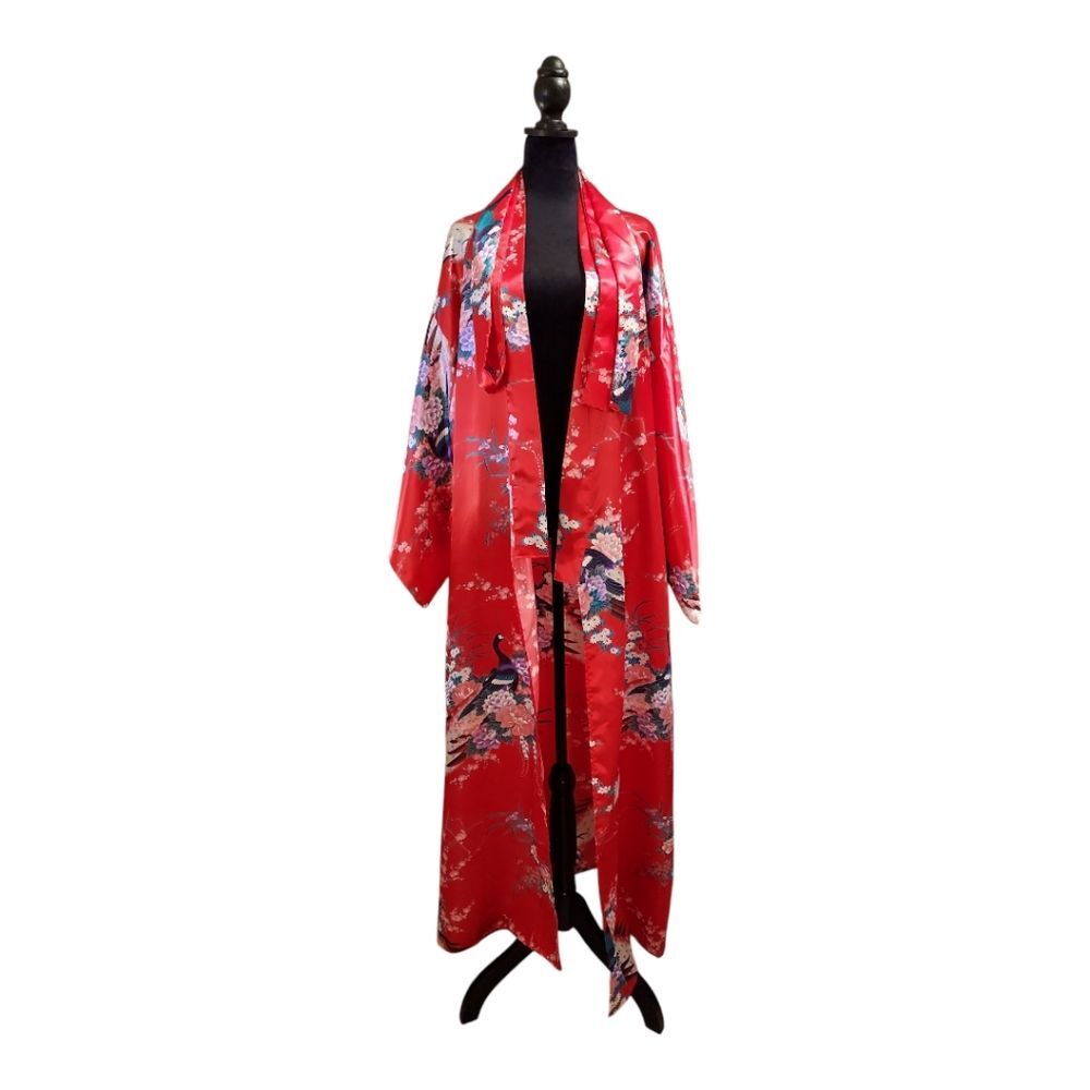 FP in Tokyo Retro Boho Grandmacore Whimsigoth Goth Peacock Satin Kimono Robe L - Picture 4 of 9
